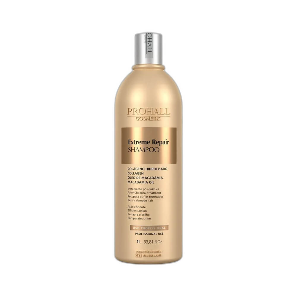 Frasco dourado do Shampoo Prohall Extreme Repair 300ml com colágeno e óleo de macadâmia